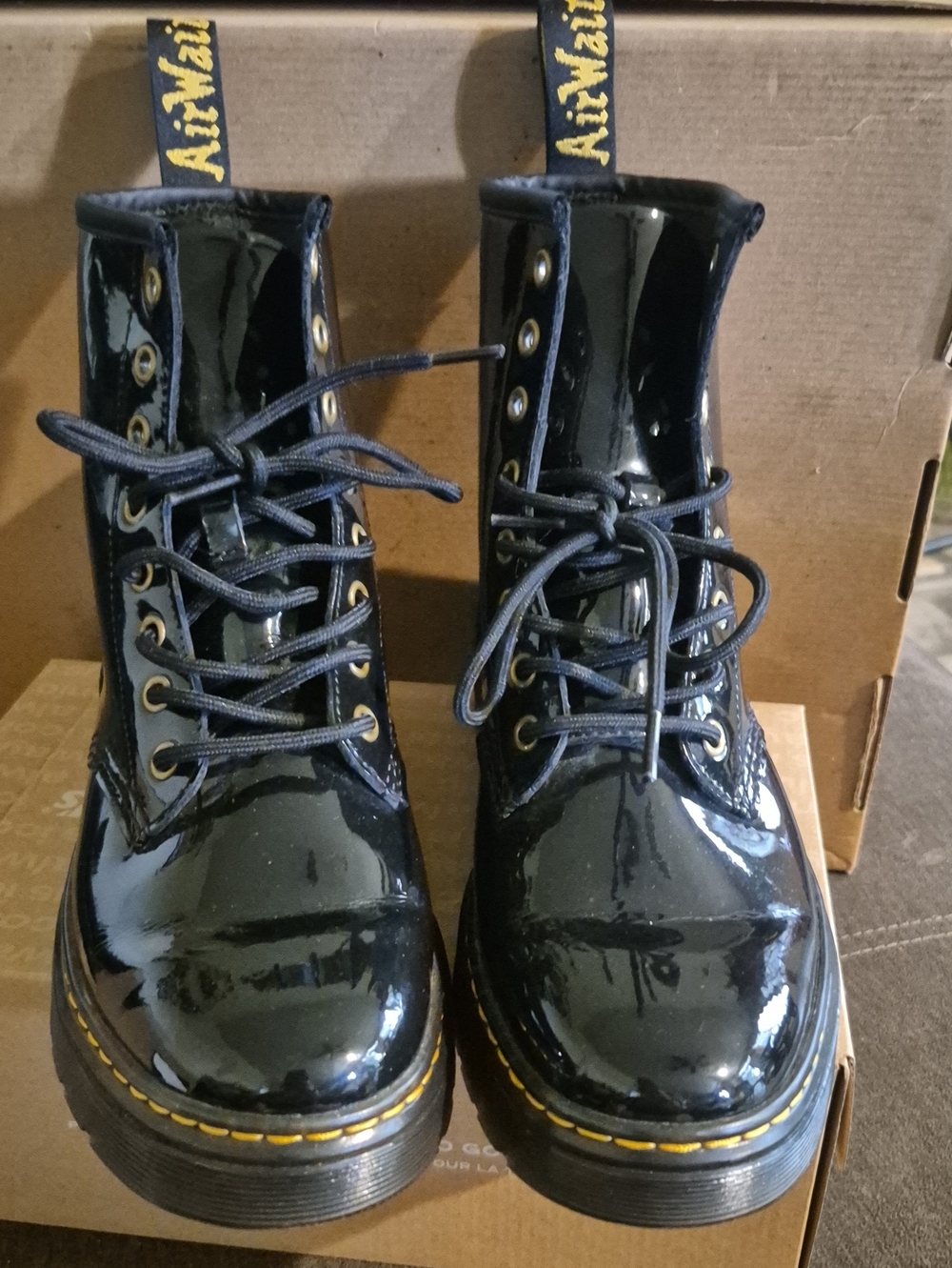 Dr. Martens Black Patent Leather Lace-Up Boots with Yellow Stitch Zavala 9L 8M